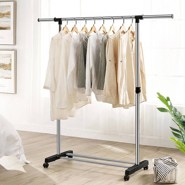四万公里 落地晾衣架 移动晾衣架 单杠衣帽架滚轮 伸缩晾晒架 加粗碳钢家用室内衣服架 阳台挂衣架 黑色