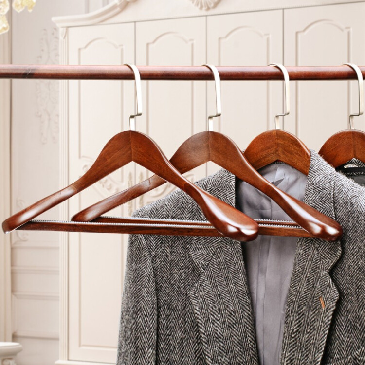 实木衣架子挂衣架宽肩西服木制家用防滑挂钩卧室木质植绒衣撑木头晾衣服挂 【4支装-防滑方杆】复古色-男款